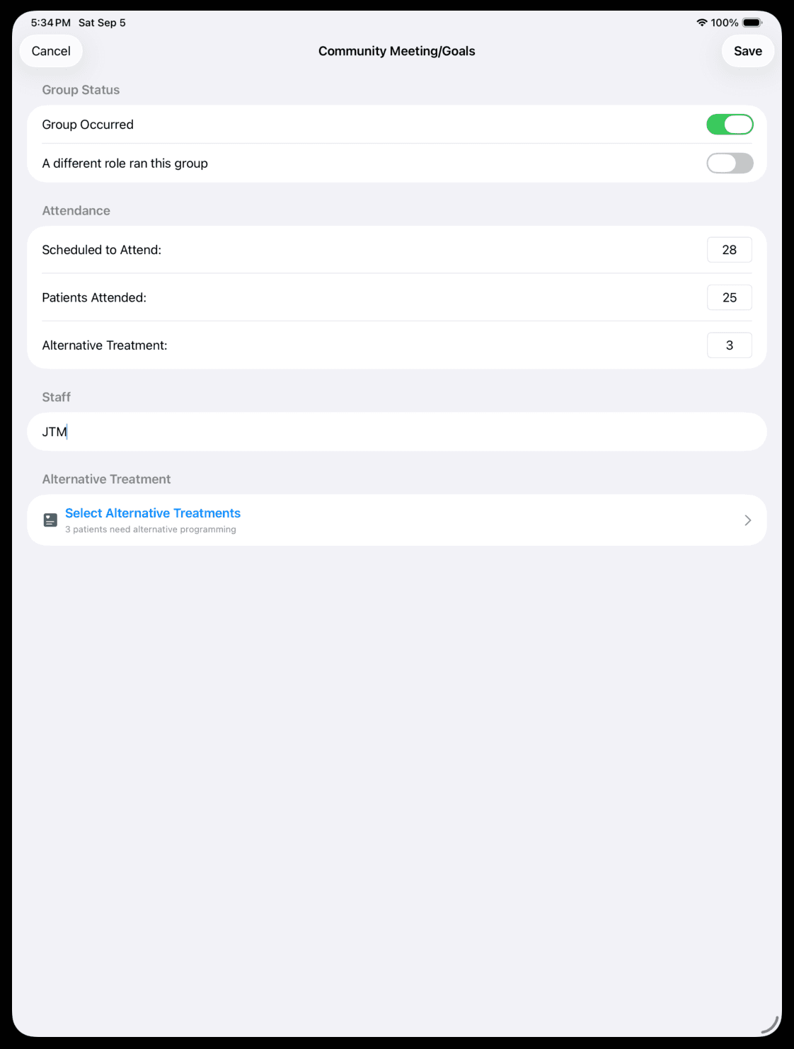 Attendance form recording whether a group occurred, scheduled and attended counts, and alternative treatment counts.